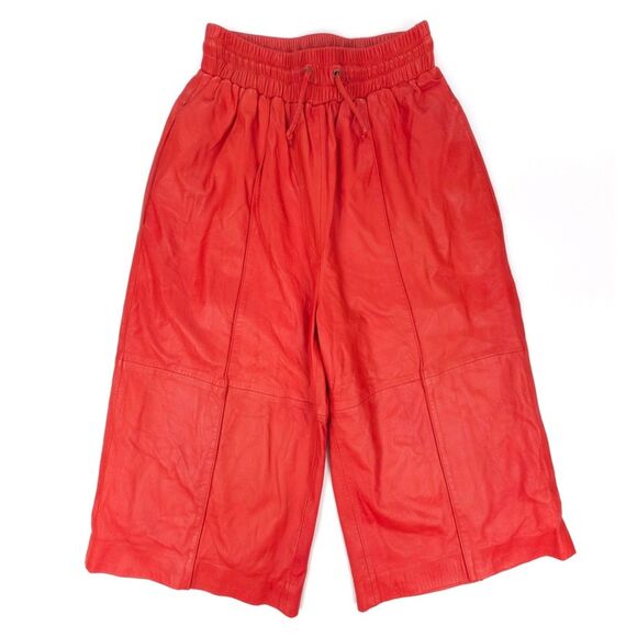 TELA Genuine Leather Culotte Wide Leg Crop Pants Red Lagenlook Boho Wearable Art - Picture 1 of 10